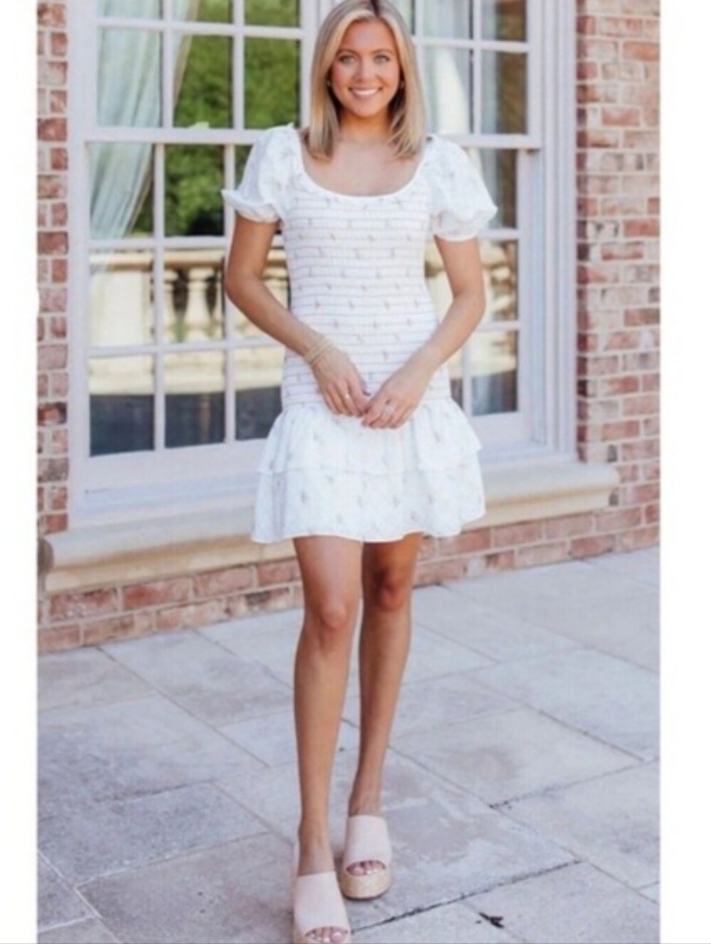 Sweet En Forme White Floral Ruched Mini Dress Smocked Cottagecore NWT